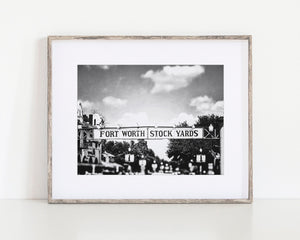 The image is a set of four framed black and white photographs depicting various architectural structures, including a domed building, a cathedral, a historic building, and a sign for Fort Worth Stock Yards.