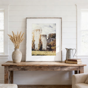 Lisa Russo Fine Art Ivy Silos - White and Grey Barn Landscape for Rustic Farmhouse Decor