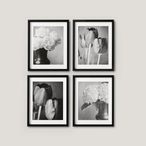 Floral Art Prints Set 4 - Black and White - Modern Flower Decor