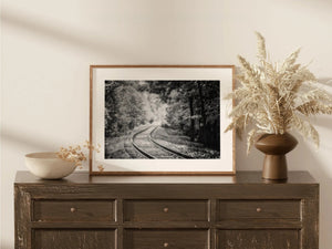 Lisa Russo Fine Art Nature Photography Fall Landscape Print – Vintage Country Landscape Art with Railroad Tracks Photo