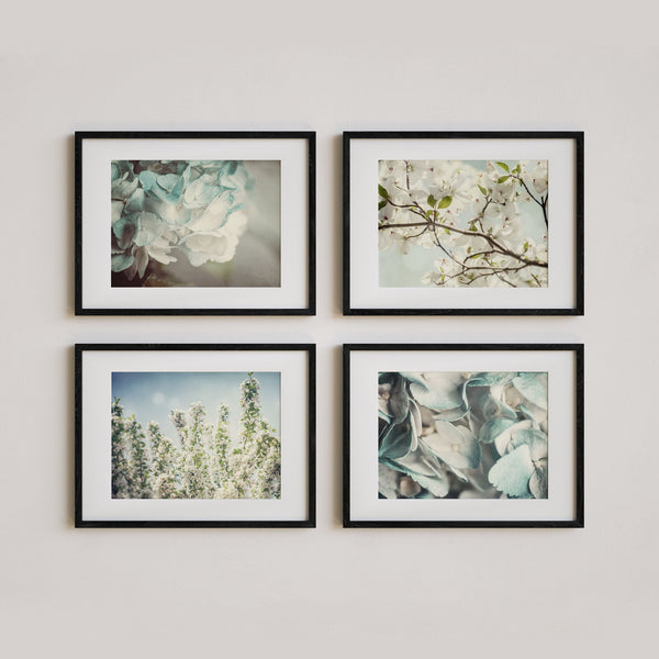 Shabby Chic Blue Floral Art Print Set - 4 Pieces - Pastel Flower Home Decor