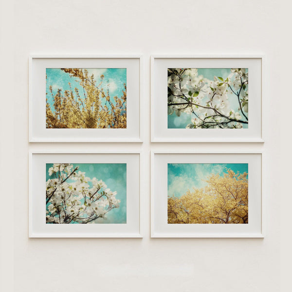 Vibrant Nature Art Prints - Set of 4 - Teal and Yellow Floral Collection