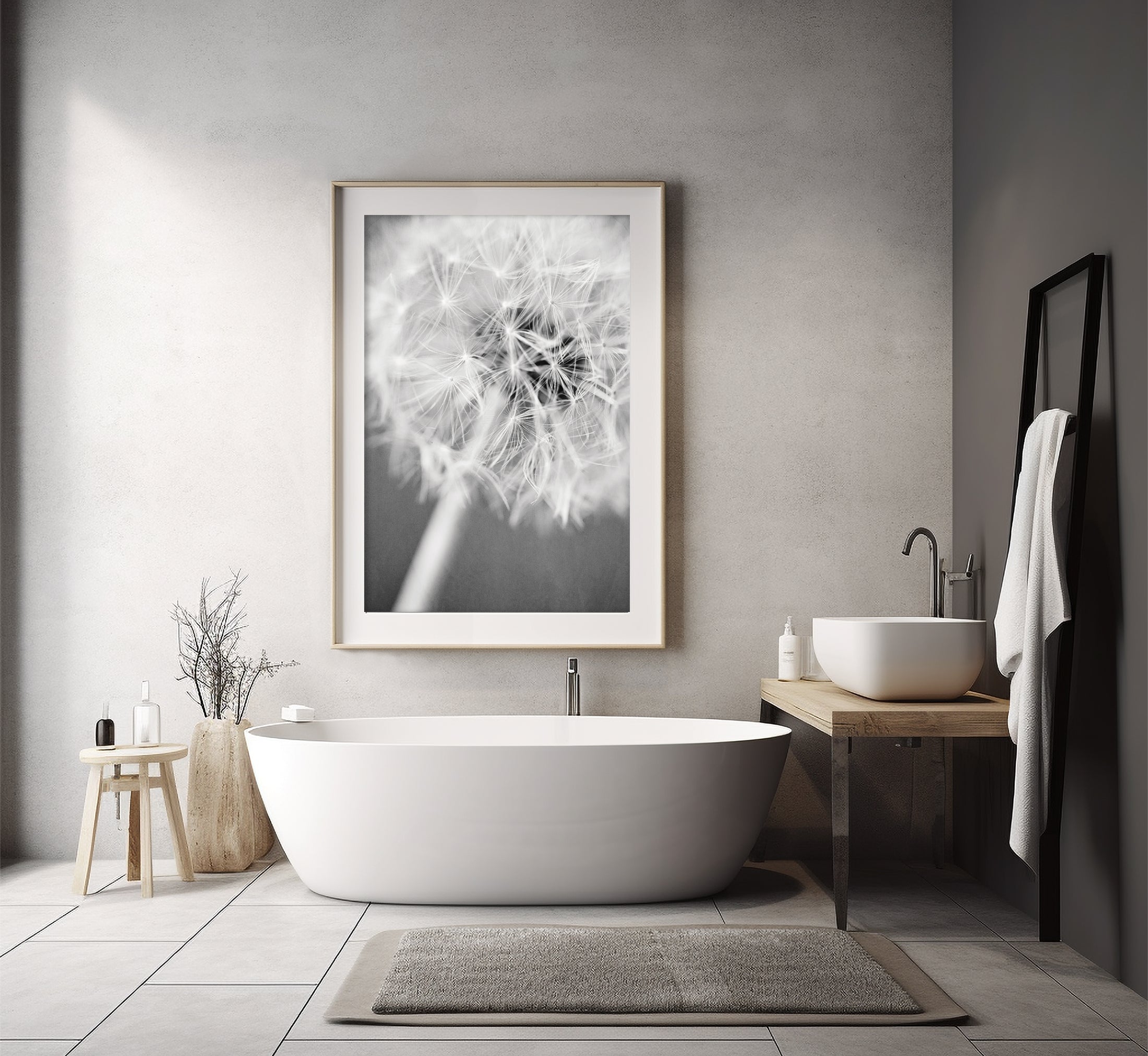 Black and White Dandelion Floral Photo Print or Canvas Art