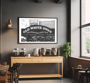 Lisa Russo Fine Art Travel Photography Black and White Pub Sign Print | Old White Swan Historic Pub Wall Art | York England Photography