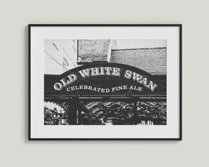 Lisa Russo Fine Art Travel Photography Black and White Pub Sign Print | Old White Swan Historic Pub Wall Art | York England Photography