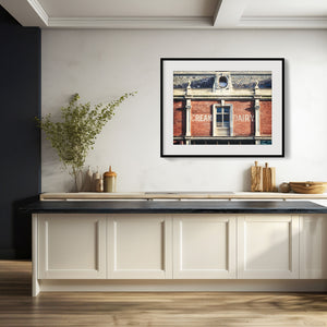 Lisa Russo Fine Art Travel Photography Cream Dairy Wall Art Print – Vintage London Architecture for Kitchen