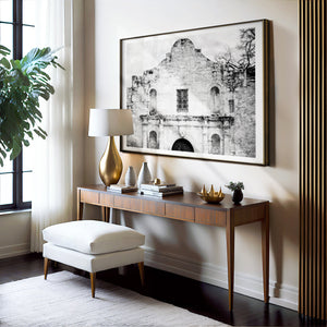 The image is a set of four framed black and white photographs depicting various architectural structures, including a domed building, a cathedral, a historic building, and a sign for Fort Worth Stock Yards.