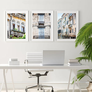Lisa Russo Fine Art Travel Photography Venice Windows Art Prints Set - Italy Cityscape in Pastel Pink  Blue