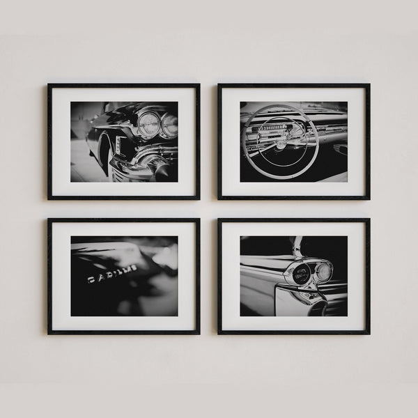 Mid-Century Modern Black and White Vintage Car Art Prints - Set of 4