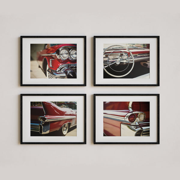 Mid-Century Modern 1950s Red Cadillac Vintage Car Art Prints - Set of 4