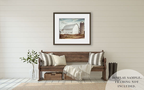 Country White Barn with Silo - Fall Landscape Print