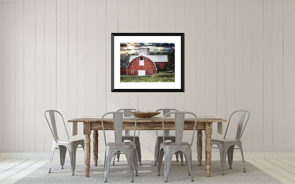 Red Sunset Barn Landscape Print - Rustic Art for Home Decor