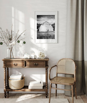 Farmhouse Landscape Art Print - White Barn on Cloudy Day