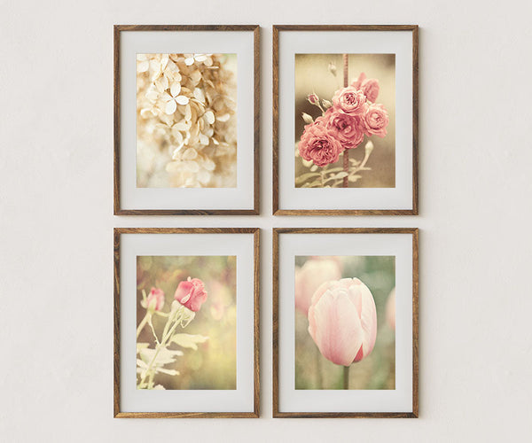 Pink Shabby Chic Floral Art Prints Set of 4 - Flowers for Home Decor