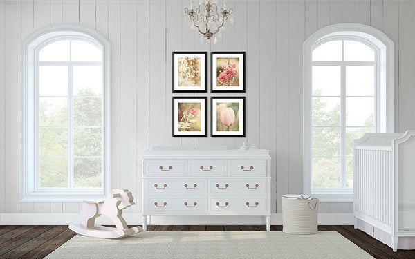Pink Shabby Chic Floral Art Prints Set of 4 - Flowers for Home Decor
