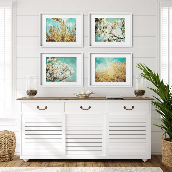 Vibrant Nature Art Prints - Set of 4 - Teal and Yellow Floral Collection